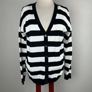 Chaus Black and White Striped Button Down Cardigan Sweater Size S EUC